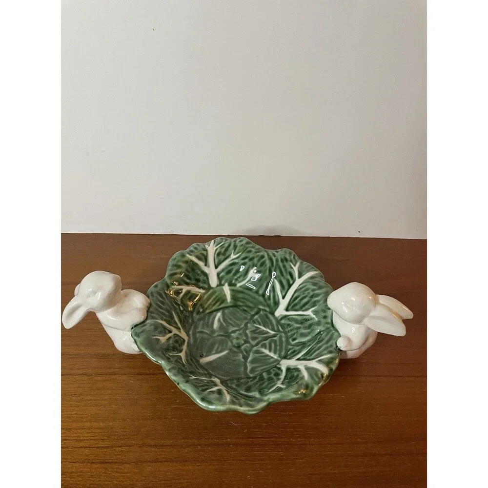 NEW- Maxcera, EASTER Bunny Rabbits Cabbage Green White Ceramic Candy Bowl Decor
